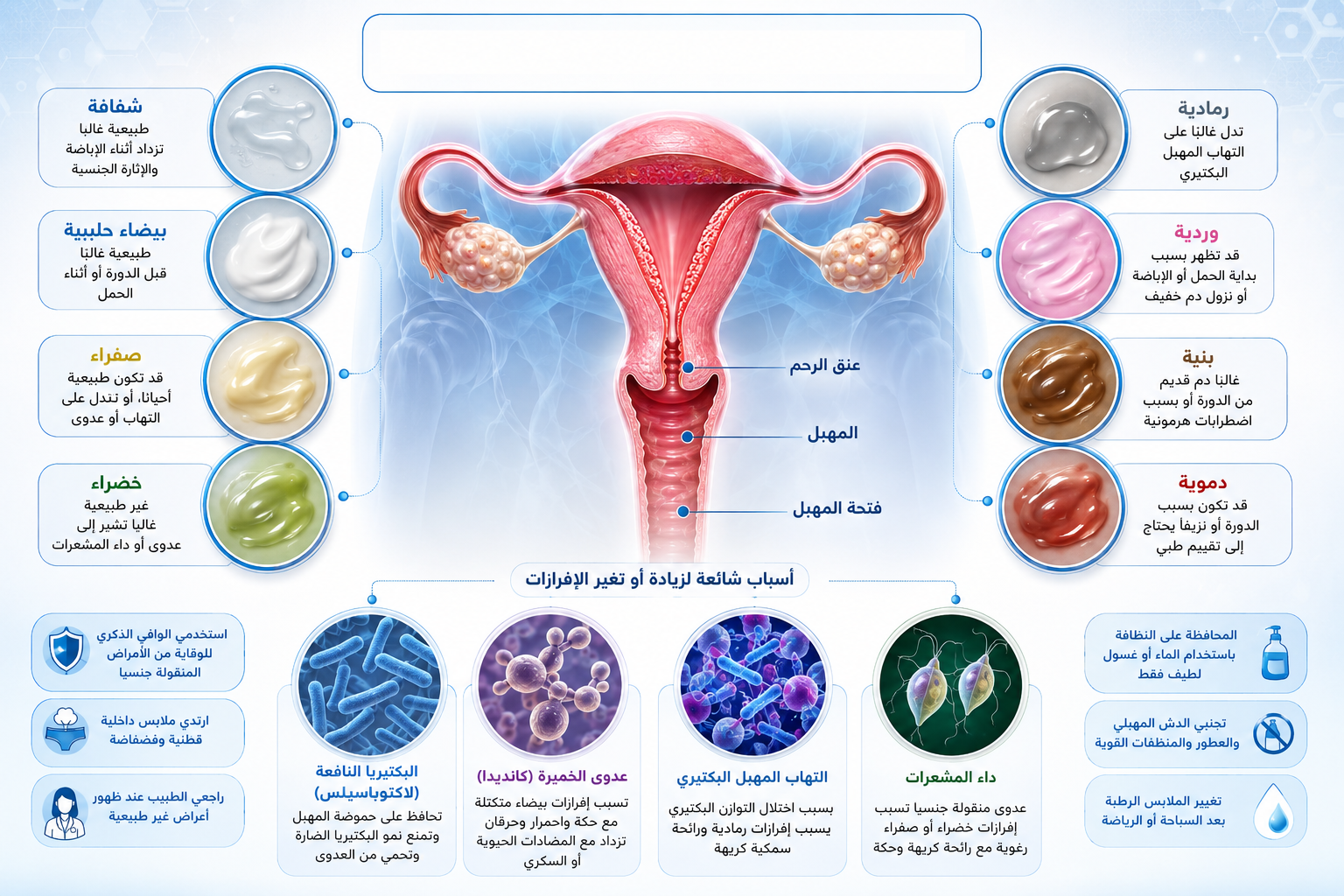 الإفرازات المهبلية: أنواعها وألوانها ودلالاتها.. ومتى يجب زيارة الطبيب؟